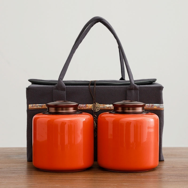 Tea Jar Ceramic Sealed Jar Metal Double Cover