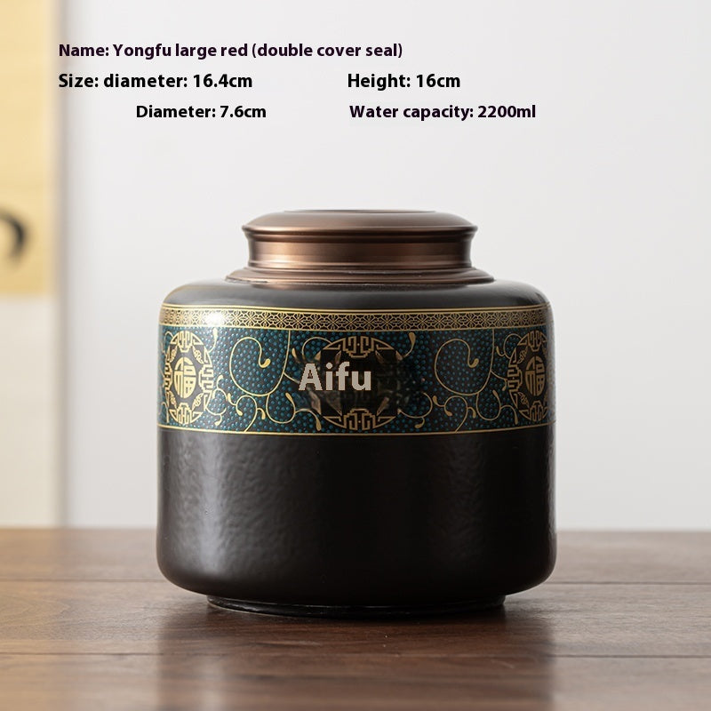 Tea Jar Ceramic Sealed Jar Metal Double Cover