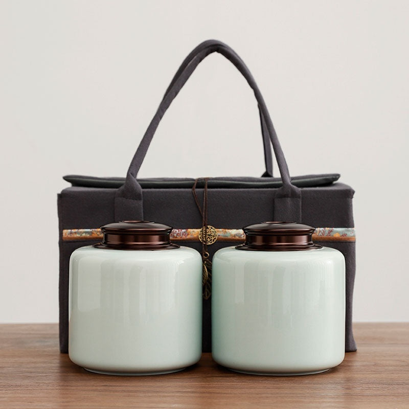 Tea Jar Ceramic Sealed Jar Metal Double Cover