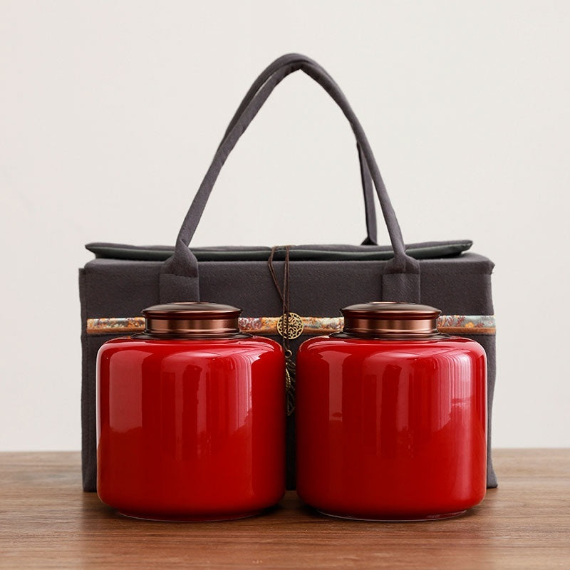 Tea Jar Ceramic Sealed Jar Metal Double Cover