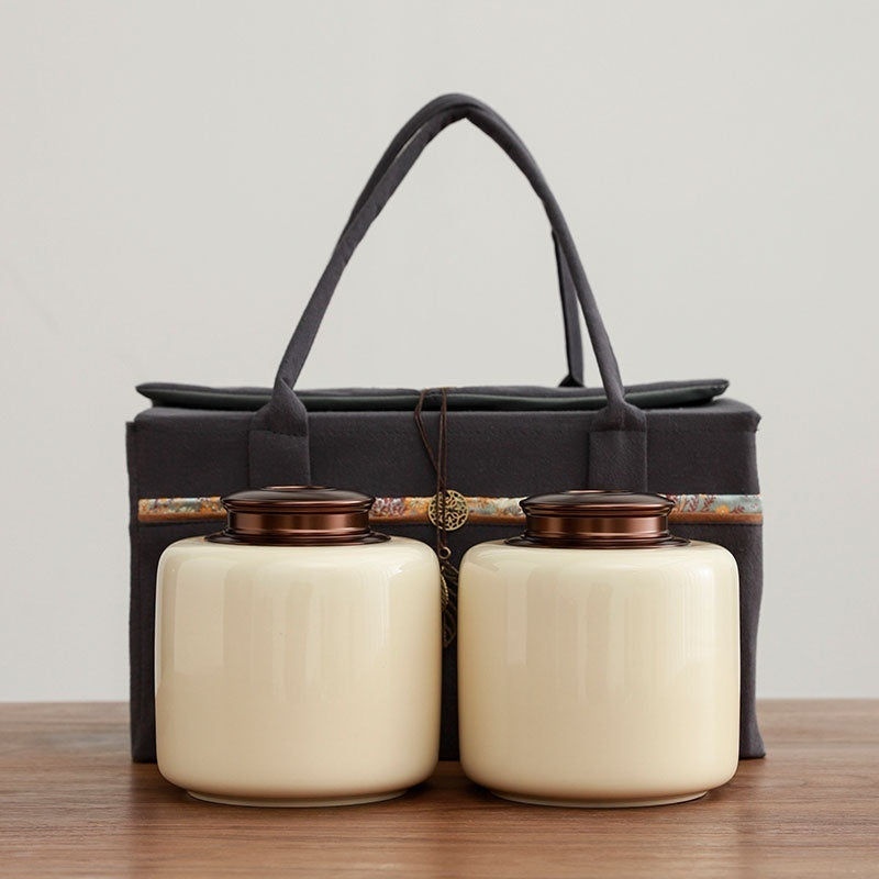 Tea Jar Ceramic Sealed Jar Metal Double Cover