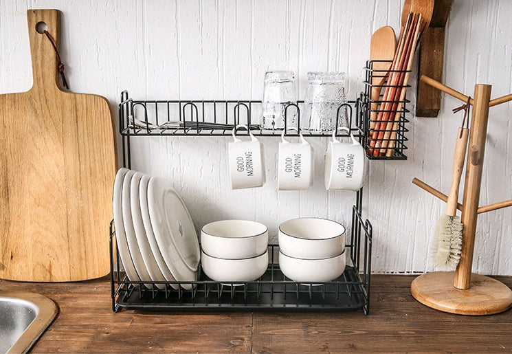Double tableware dish drain rack iron storage rack