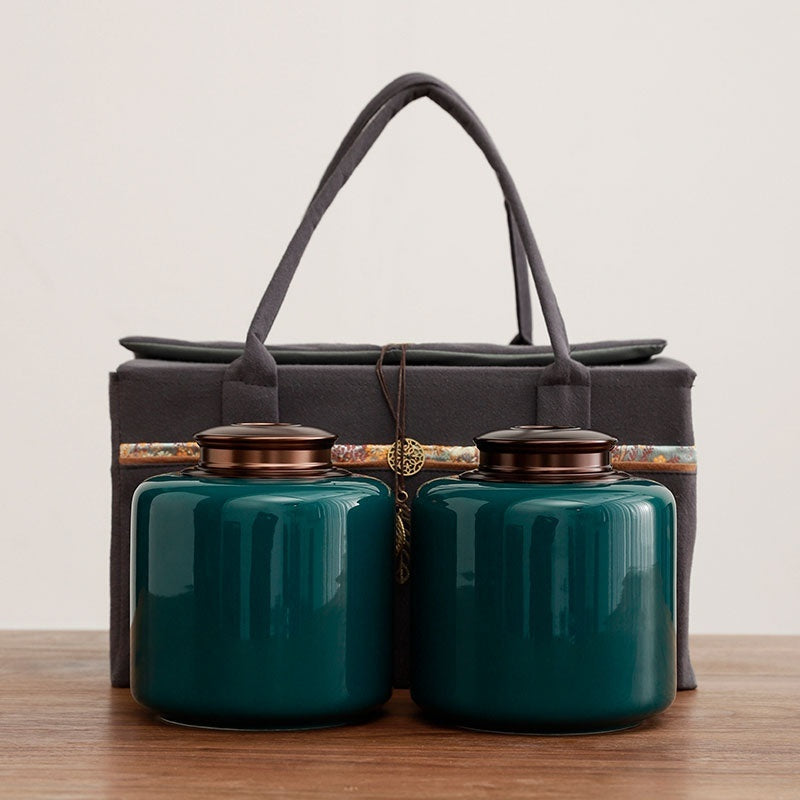 Tea Jar Ceramic Sealed Jar Metal Double Cover