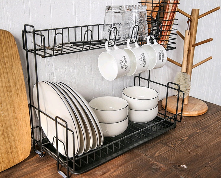 Double tableware dish drain rack iron storage rack