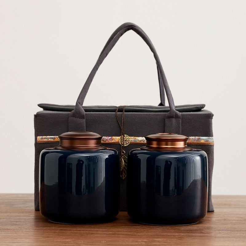 Tea Jar Ceramic Sealed Jar Metal Double Cover