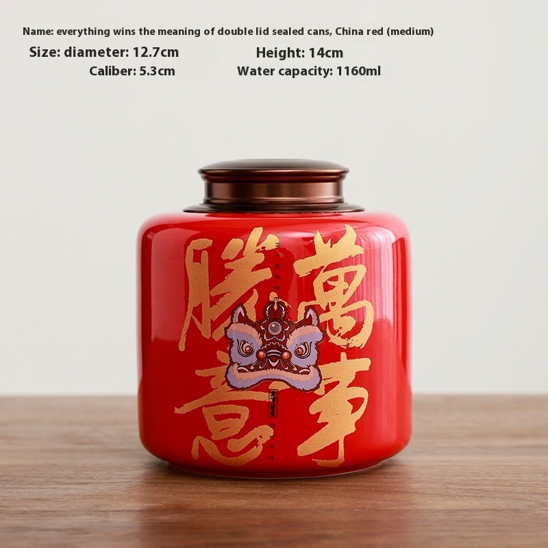 Tea Jar Ceramic Sealed Jar Metal Double Cover