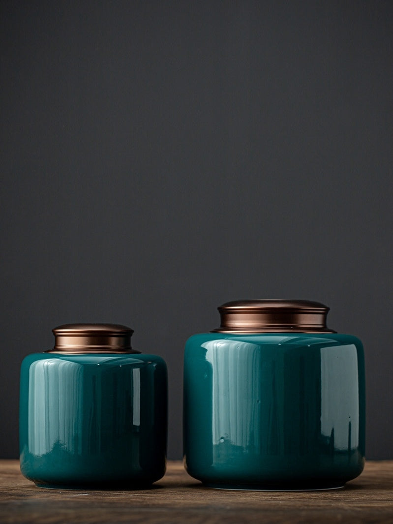 Tea Jar Ceramic Sealed Jar Metal Double Cover