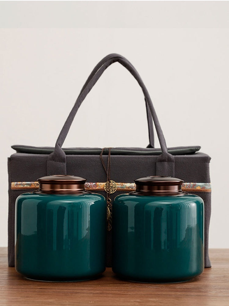 Tea Jar Ceramic Sealed Jar Metal Double Cover