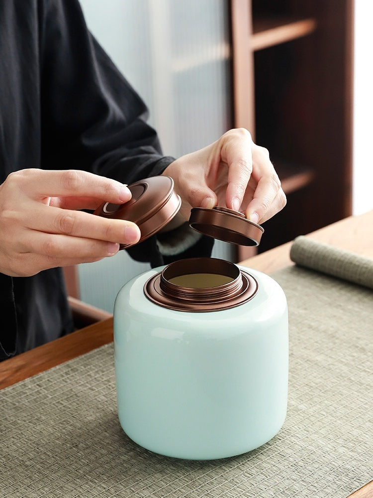 Tea Jar Ceramic Sealed Jar Metal Double Cover