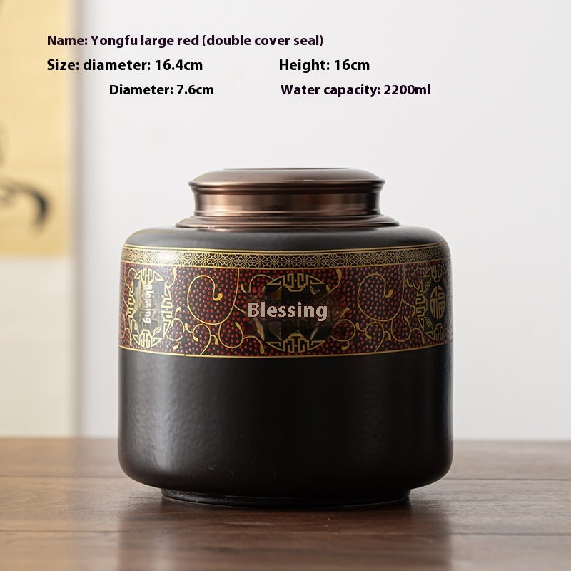 Tea Jar Ceramic Sealed Jar Metal Double Cover