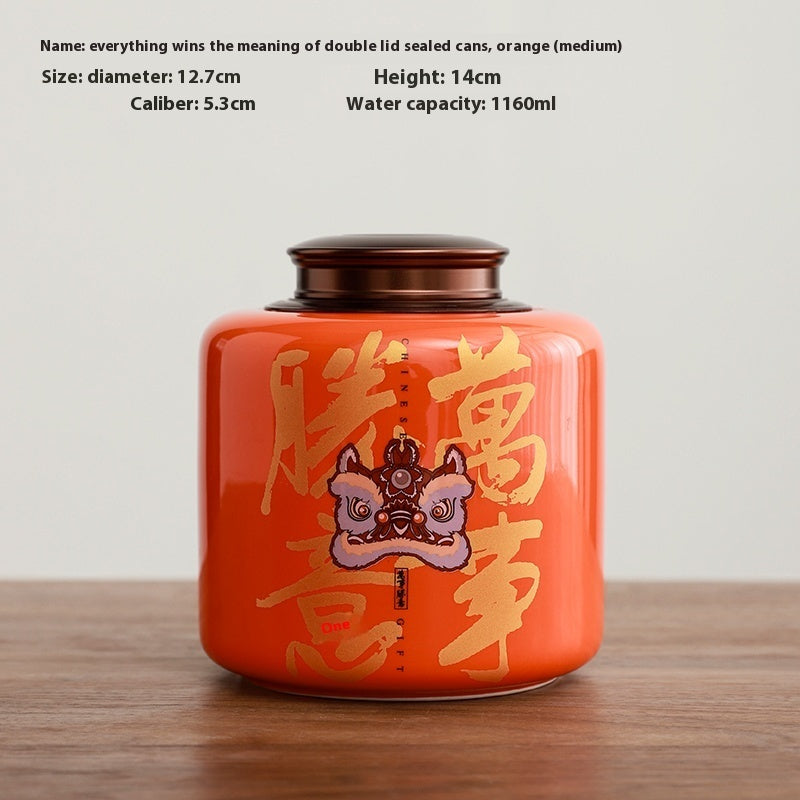 Tea Jar Ceramic Sealed Jar Metal Double Cover