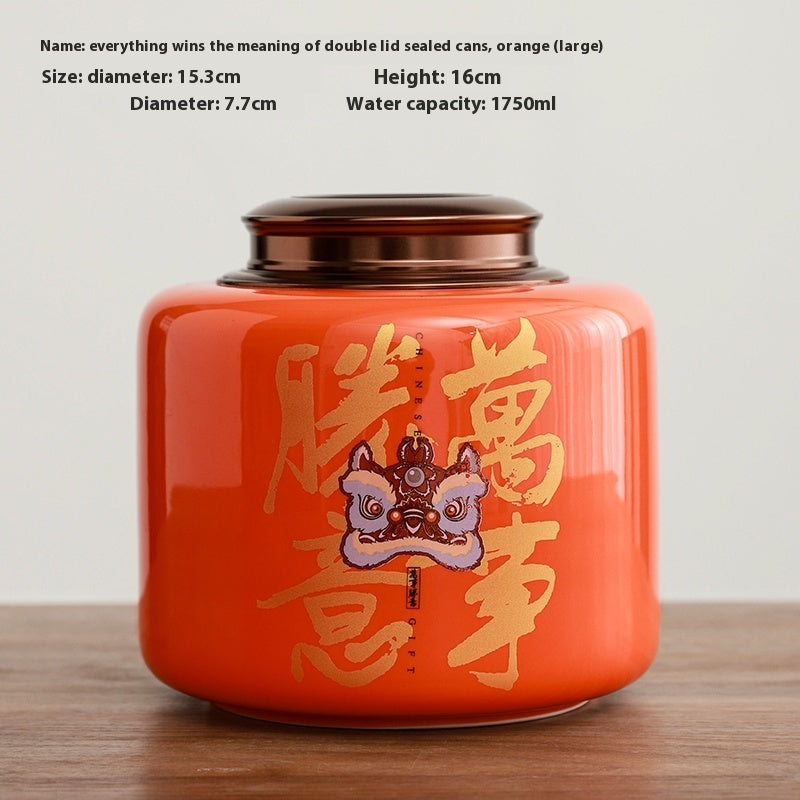 Tea Jar Ceramic Sealed Jar Metal Double Cover