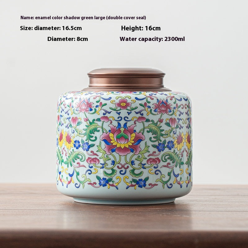 Tea Jar Ceramic Sealed Jar Metal Double Cover